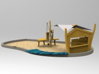 Sandkasten mit angedeuteten Spielh&amp;auml;uschen, Sitzbank und Sandaufzug